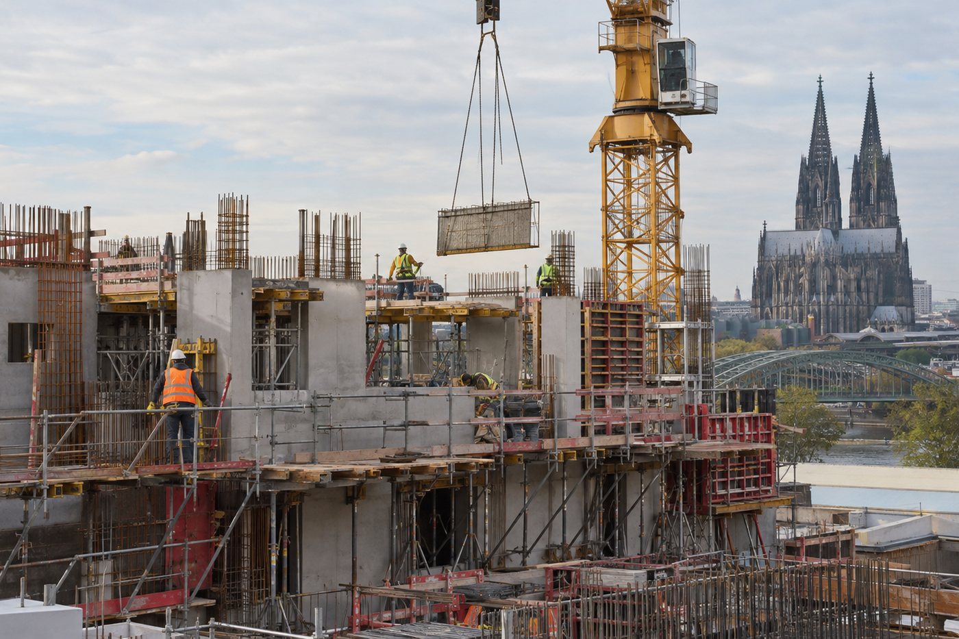 Construction site with crane and workers