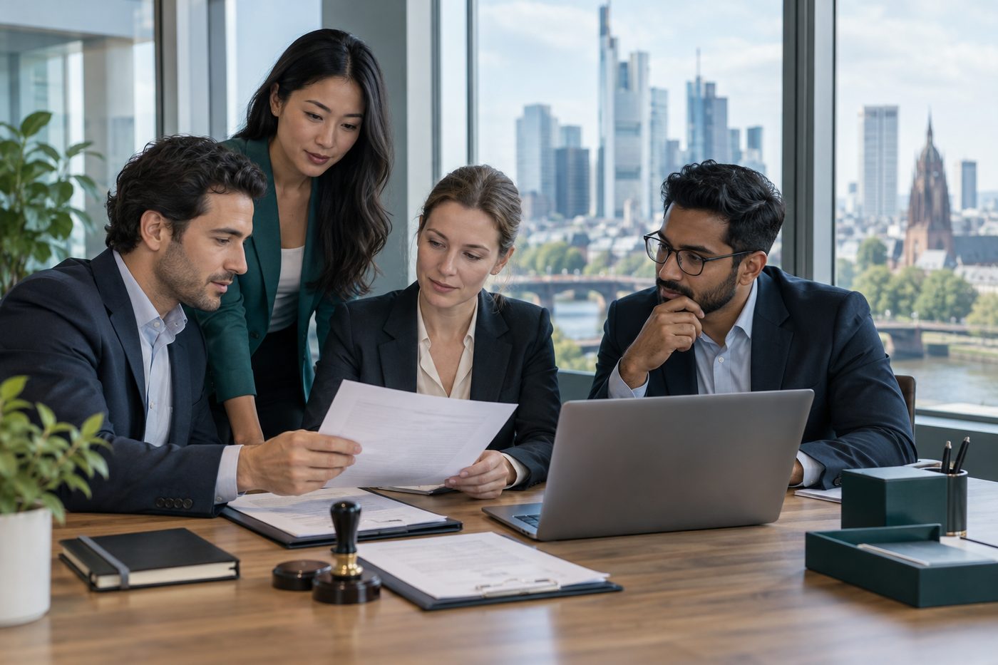 Beratungsgespräch mit Gründern in einem Büro mit Blick auf die Frankfurter Skyline